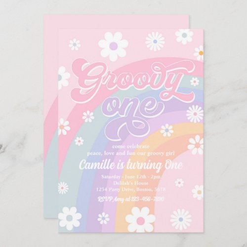 Groovy One Retro Daisy Pastel Rainbow Birthday Invitation