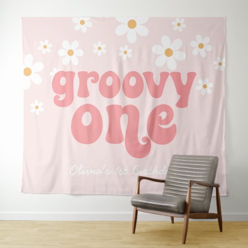 Groovy One Retro Daisy Pink 1st Birthday Banner Tapestry