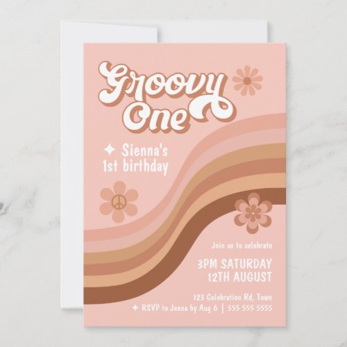 Groovy One Retro Daisy Pink Girl 1st Birthday  Invitation