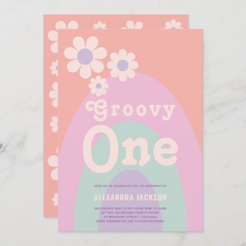 Groovy One Retro Daisy Rainbow 1st Birthday Party Invitation