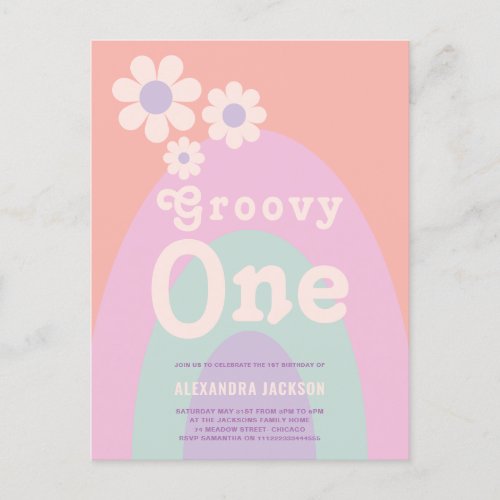 Groovy One Retro Daisy Rainbow 1st Birthday Party Invitation Postcard