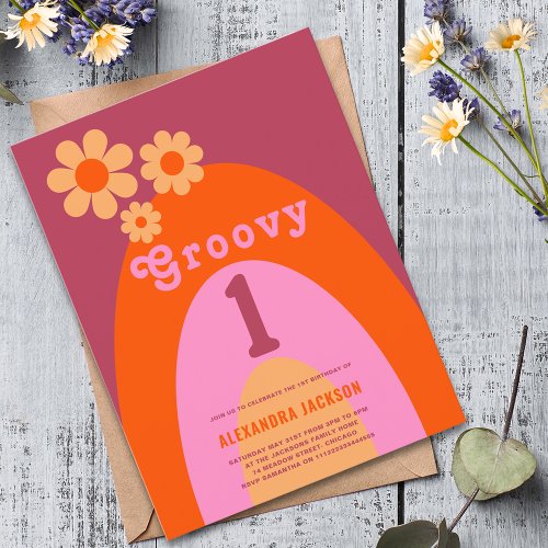 Groovy One Retro Daisy Rainbow 1st Birthday Party Invitation Postcard