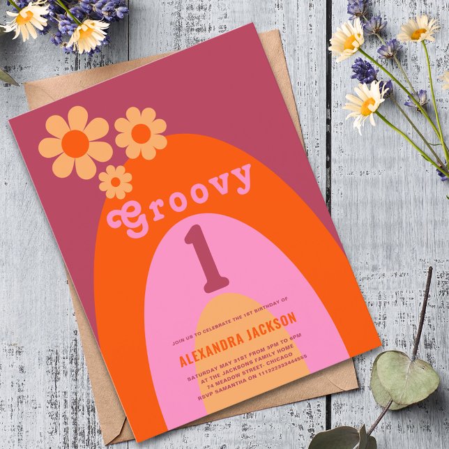 Groovy One Retro Daisy Rainbow 1st Birthday Party Invitation Postcard (Groovy 1 retro boho first birthday party budget invitation postcard pink orange yellow daisy arch)