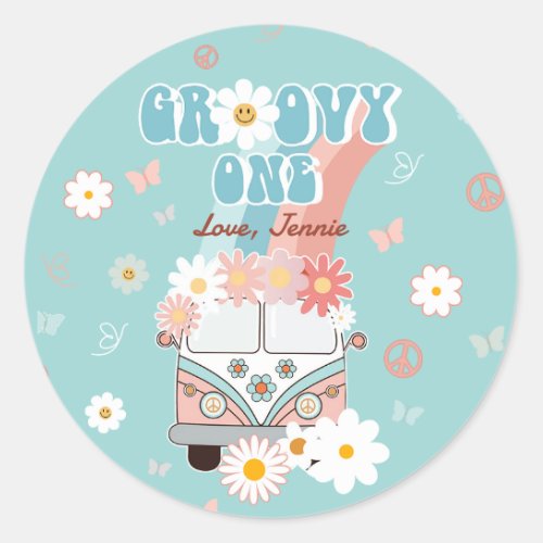 Groovy One Retro Daisy Rainbow First Birthday Classic Round Sticker