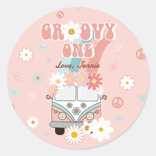 Groovy One Retro Daisy Rainbow First Birthday Classic Round Sticker