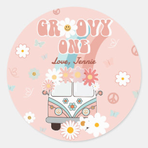 Groovy One Retro Daisy Rainbow First Birthday Classic Round Sticker