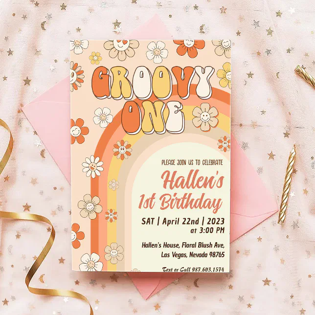 Groovy One Retro Daisy Rainbow First Birthday Invitation | Zazzle