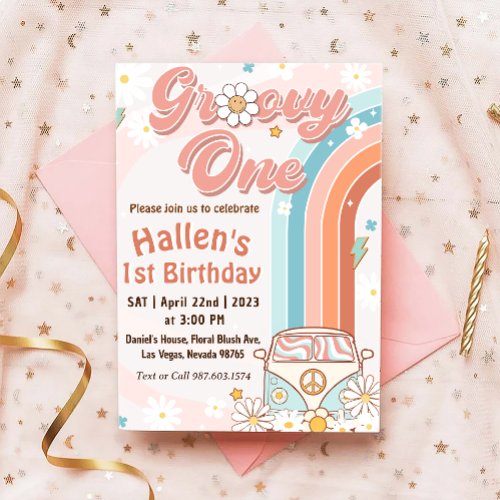 Groovy One Retro Daisy Rainbow First Birthday Invitation