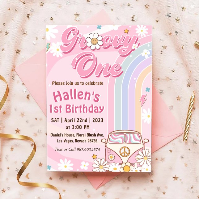 Groovy One Retro Daisy Rainbow First Birthday Invitation (Creator Uploaded)