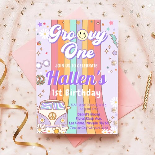 Groovy One Retro Daisy Rainbow First Birthday  Invitation