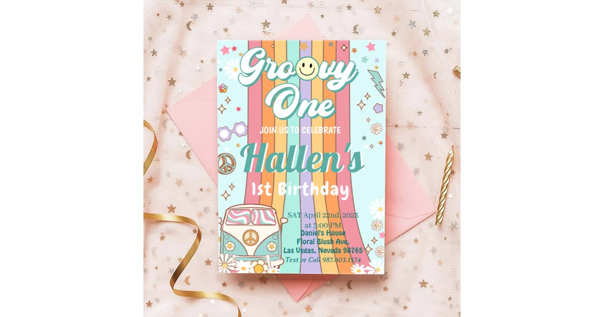 Groovy One Retro Daisy Rainbow First Birthday Invitation | Zazzle