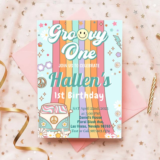 Groovy One Retro Daisy Rainbow First Birthday Invitation (Creator Uploaded)