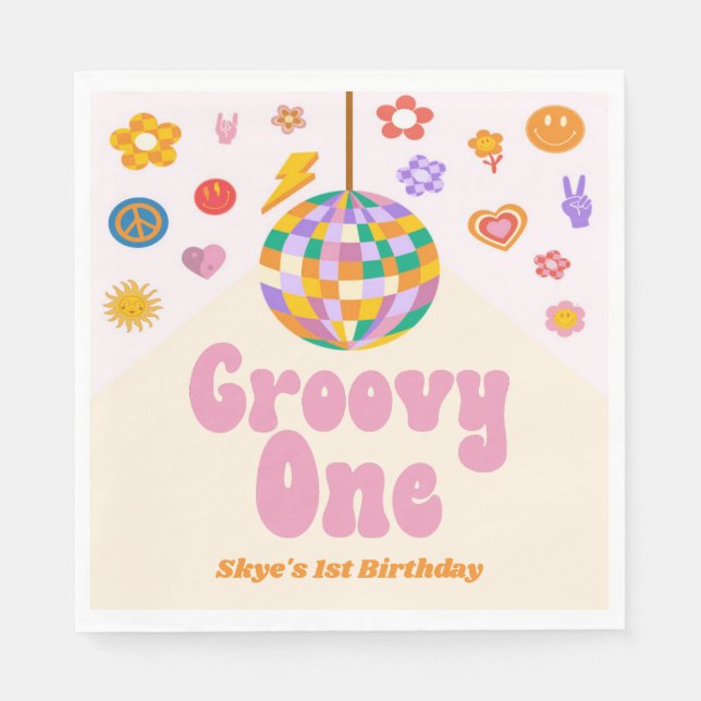Groovy One Retro Disco Ball 1st Birthday Party Napkins (Front)