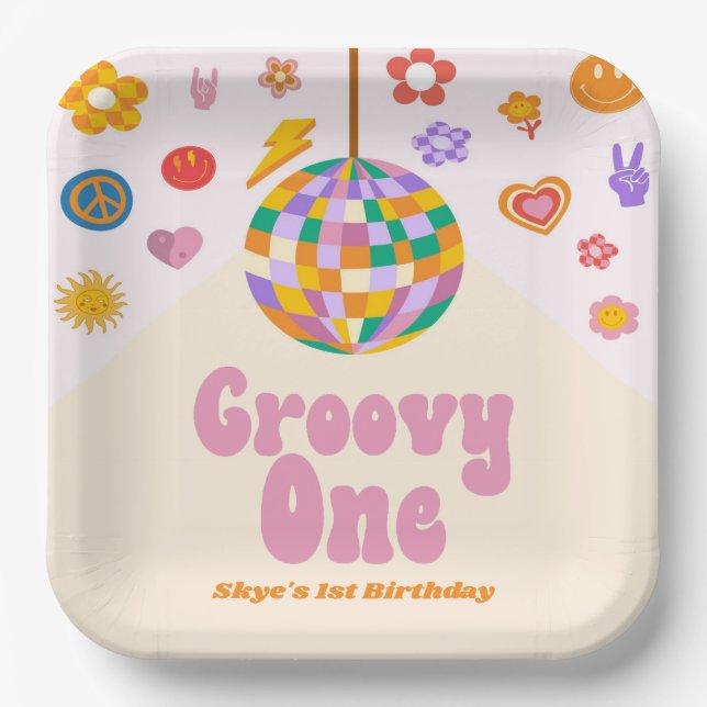 Groovy One Retro Disco Ball 1st Birthday Party Paper Plates (Front)