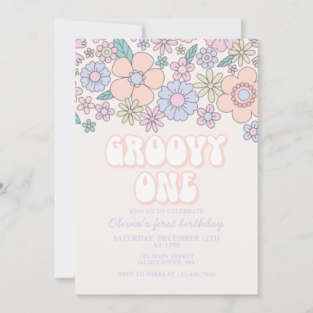 Groovy One Retro Floral 1st birthday Invitation (Front)