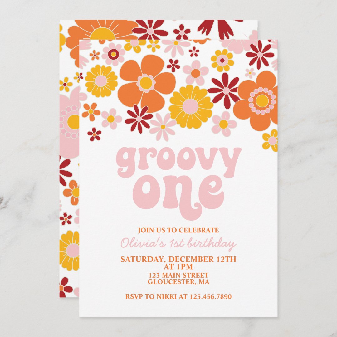 Groovy One Retro Floral St Birthday Invitation Zazzle