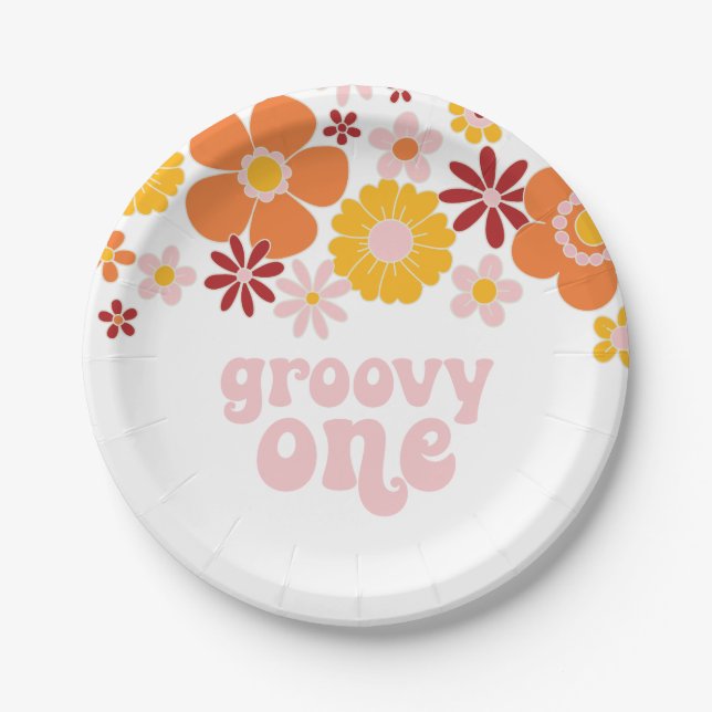 Groovy One Retro Floral 1st birthday Paper Plates (Front)