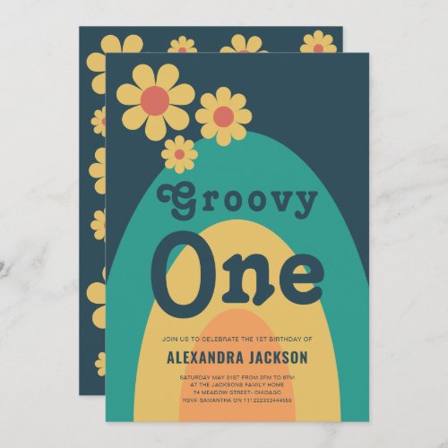 Groovy One Retro Floral 1st Birthday Party Invitation