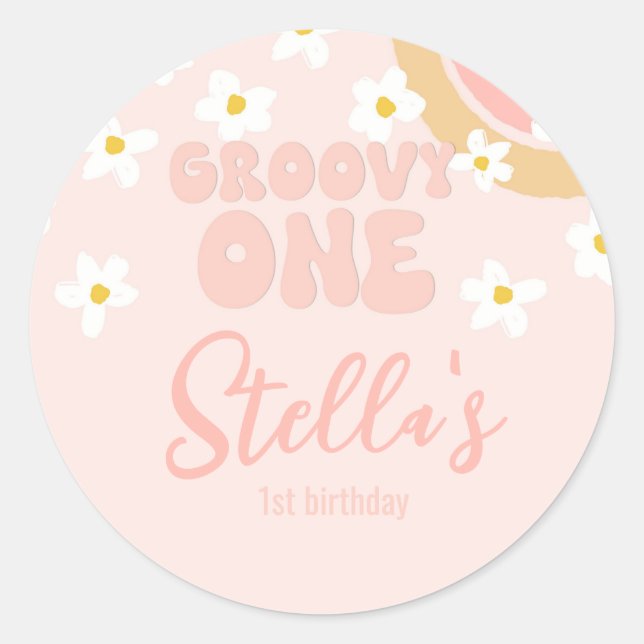 Groovy One Retro Floral 1st Classic Round Sticker (Front)