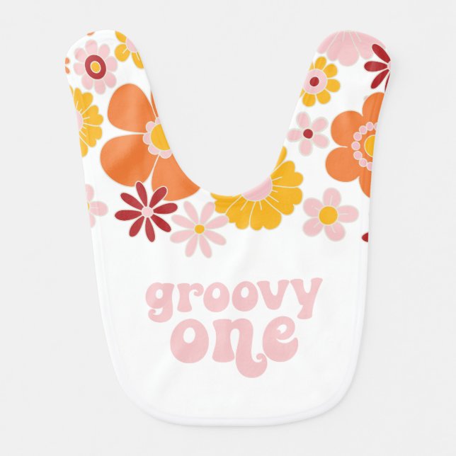 Groovy One Retro Floral birthday Baby Bib (Front)