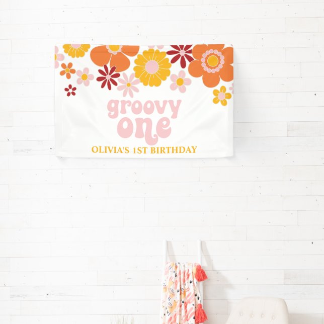 Groovy One Retro Floral Birthday Banner (Insitu)