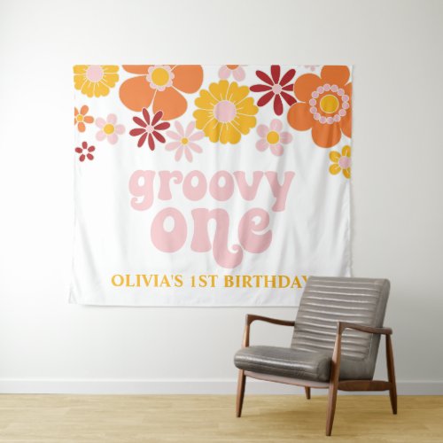 Groovy One Retro Floral Birthday Banner Tapestry