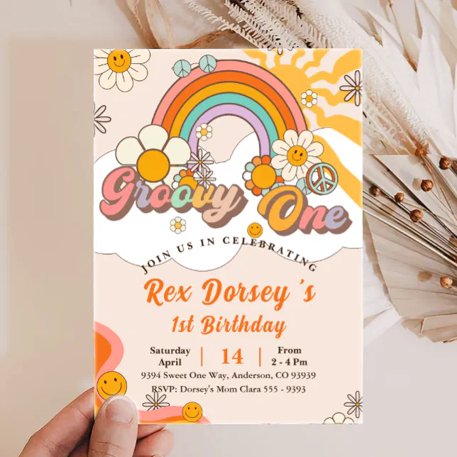 Groovy One Retro Floral First Birthday Invitation | Zazzle