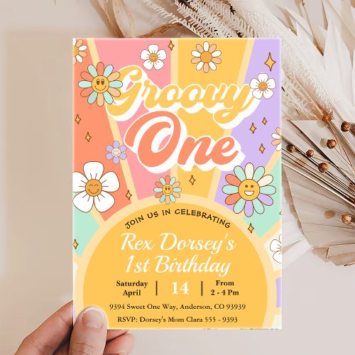 Groovy One Retro Floral First Birthday Invitation