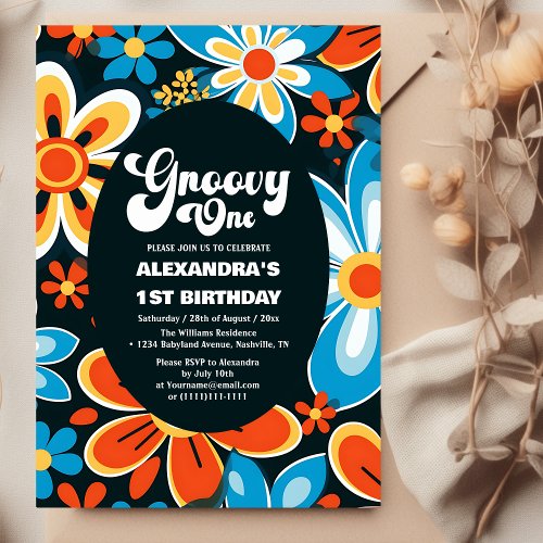 Groovy One Retro Floral first birthday Invitation