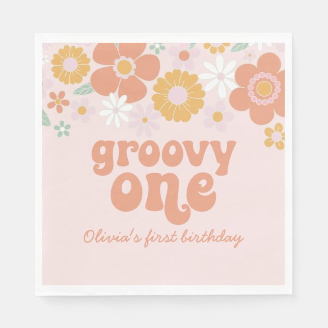 Groovy One Retro Floral first birthday Napkins (Front)