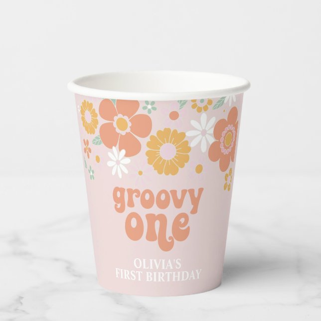 Groovy One Retro Floral first birthday Paper Cups (Front)