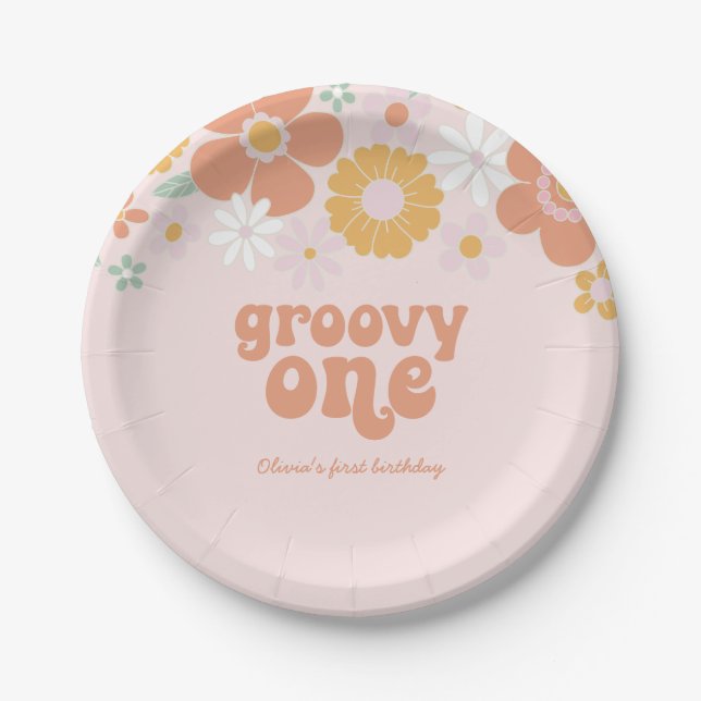 Groovy One Retro Floral first birthday Paper Plates (Front)