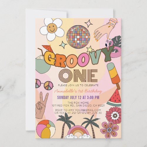 Groovy One Retro Girl 1st Birthday Invitation