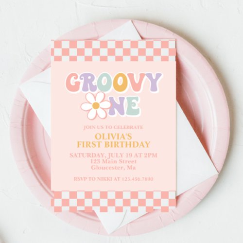 Groovy One Retro Girl First Birthday Invitation