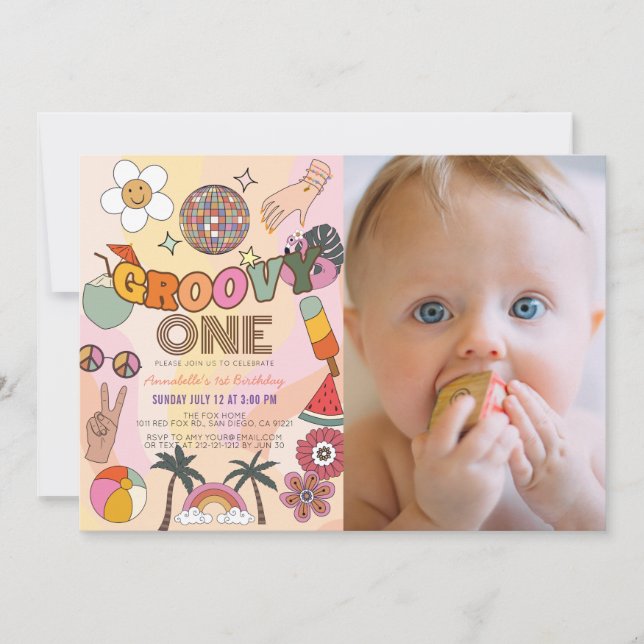Groovy One Retro Girl Photo 1st Birthday Invitation (Front)