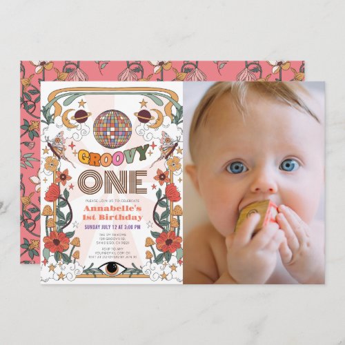 Groovy One Retro Girl Photo 1st Birthday Invitation