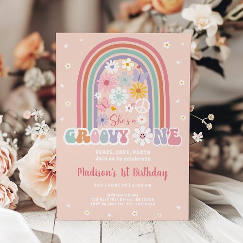 Groovy One Retro Hippie Flower First Birthday Invitation