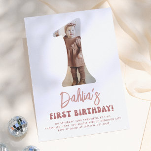 Groovy One Retro Pink Floral Photo 1st Birthday Invitation