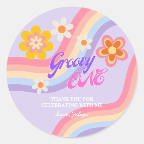 Groovy One Retro Rainbow 1st Birthday  Classic Round Sticker