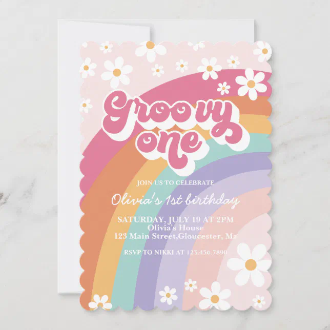 Groovy One Retro Rainbow 1st Birthday Invitation | Zazzle