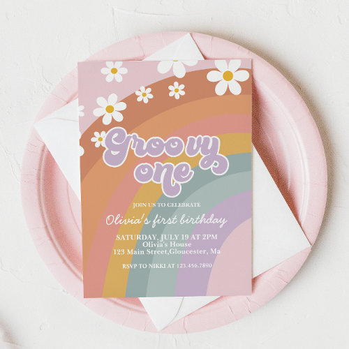 Groovy One Retro Rainbow 1st Birthday Invitation