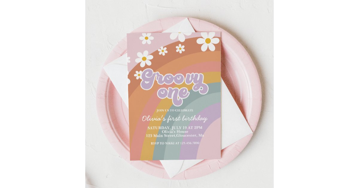 Groovy One Retro Rainbow 1st Birthday Invitation | Zazzle