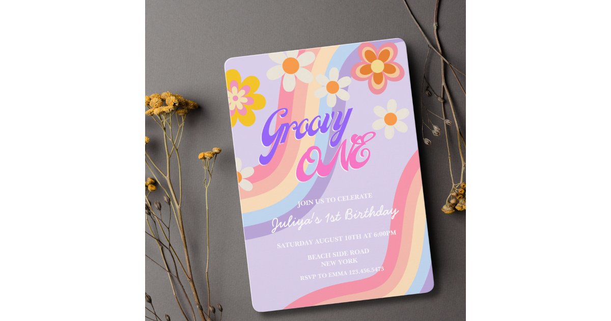 Groovy One Retro Rainbow 1st Birthday Invitation | Zazzle