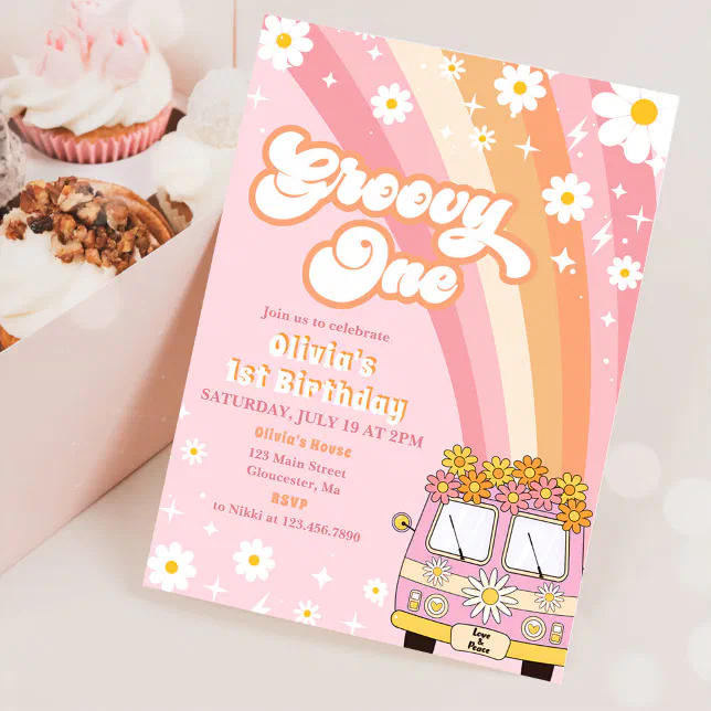 Groovy One Retro Rainbow 1st Birthday Invitation | Zazzle