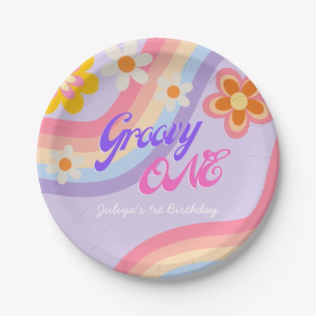 Groovy One Retro Rainbow 1st Birthday  Paper Plates (Front)