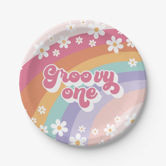 Groovy One Retro Rainbow 1st Birthday Paper Plates (Front)