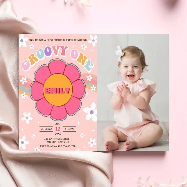 Groovy One Retro Rainbow 1st Birthday Party Photo Invitation | Zazzle