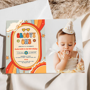 Groovy One Retro Rainbow 1st Birthday Party Photo  Invitation