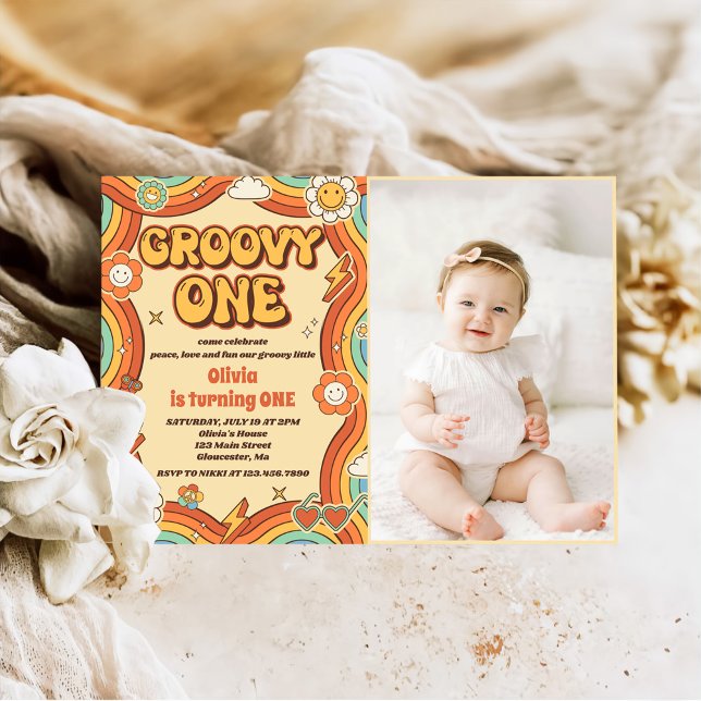 Groovy One Retro Rainbow 1st Birthday Party Photo Invitation (Creator Uploaded)
