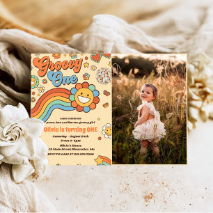 Groovy One Retro Rainbow 1st Birthday Party Photo Invitation